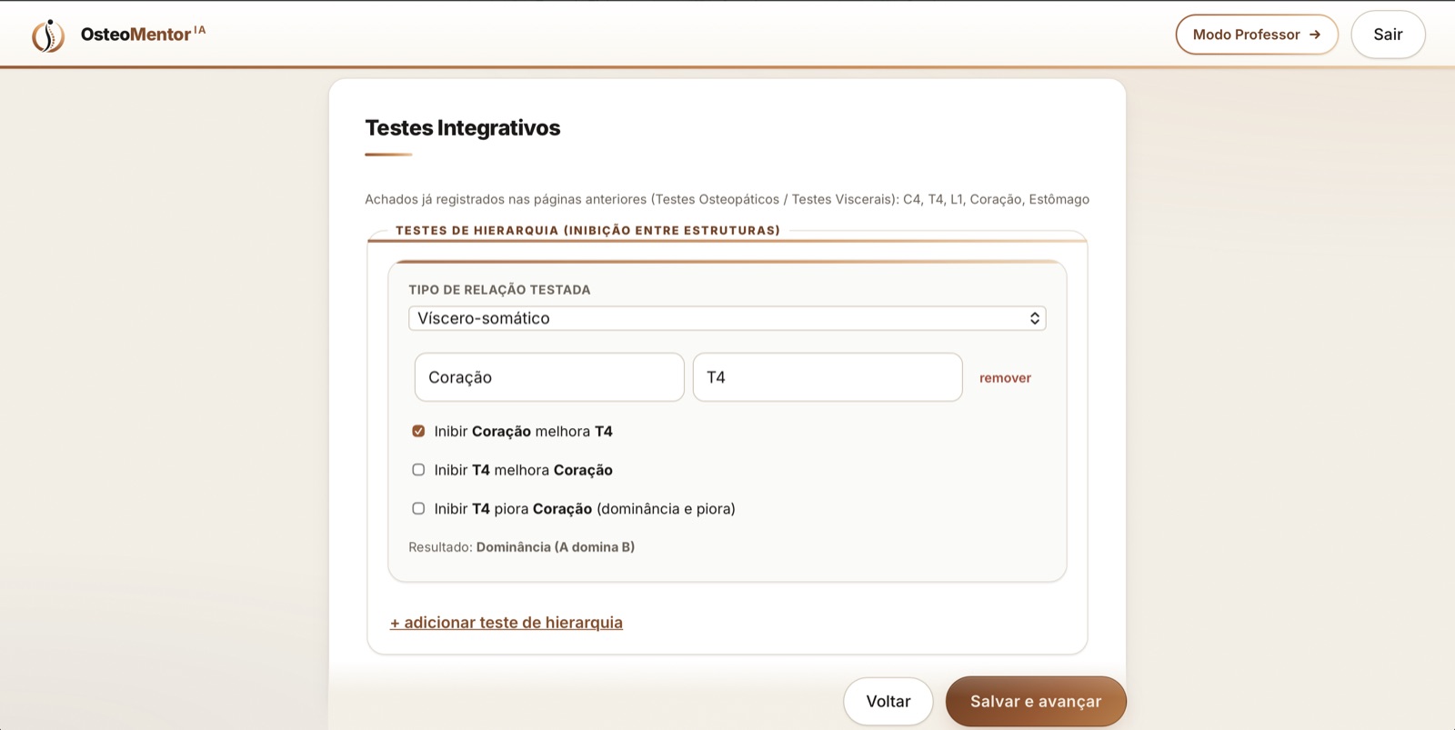 Passo Testes Integrativos com um teste de hierarquia víscero-somática entre coração e T4 e o resultado calculado