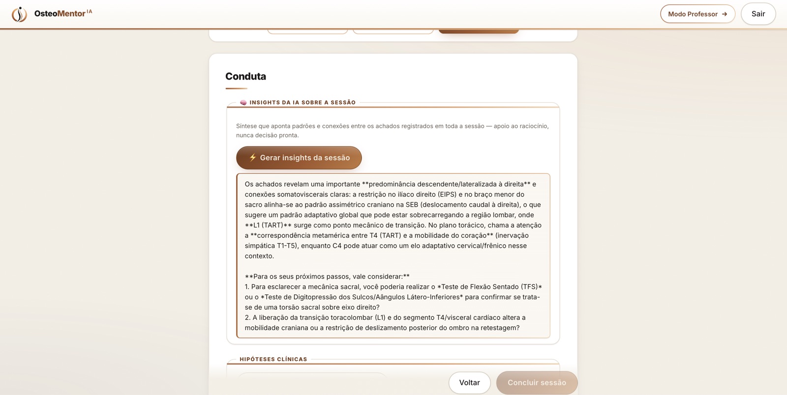 Passo Conduta com o bloco Insights da IA sobre a sessão, sintetizando os achados registrados em regiões e modelos diferentes