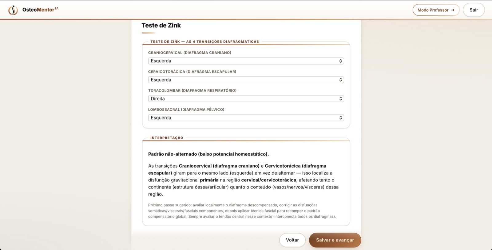 Passo Teste de Zink, com as quatro transições diafragmáticas e um bloco de interpretação do padrão
